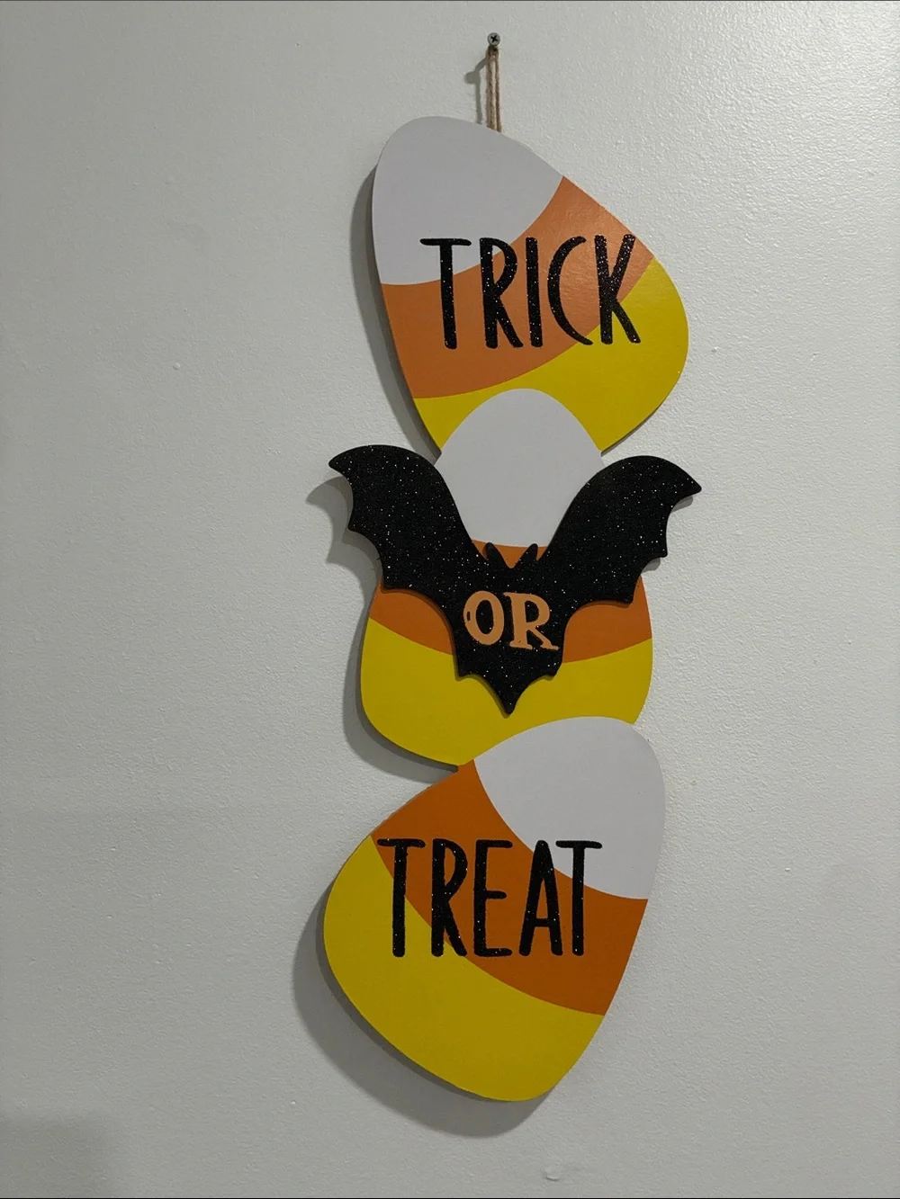 NWT 25”-Trick or Treat- Candy Corn & Bat- Glittered Wooden Halloween Decor Sign